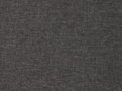 Gray fabric ottoman with tufted top, wooden legs, and a modern design.