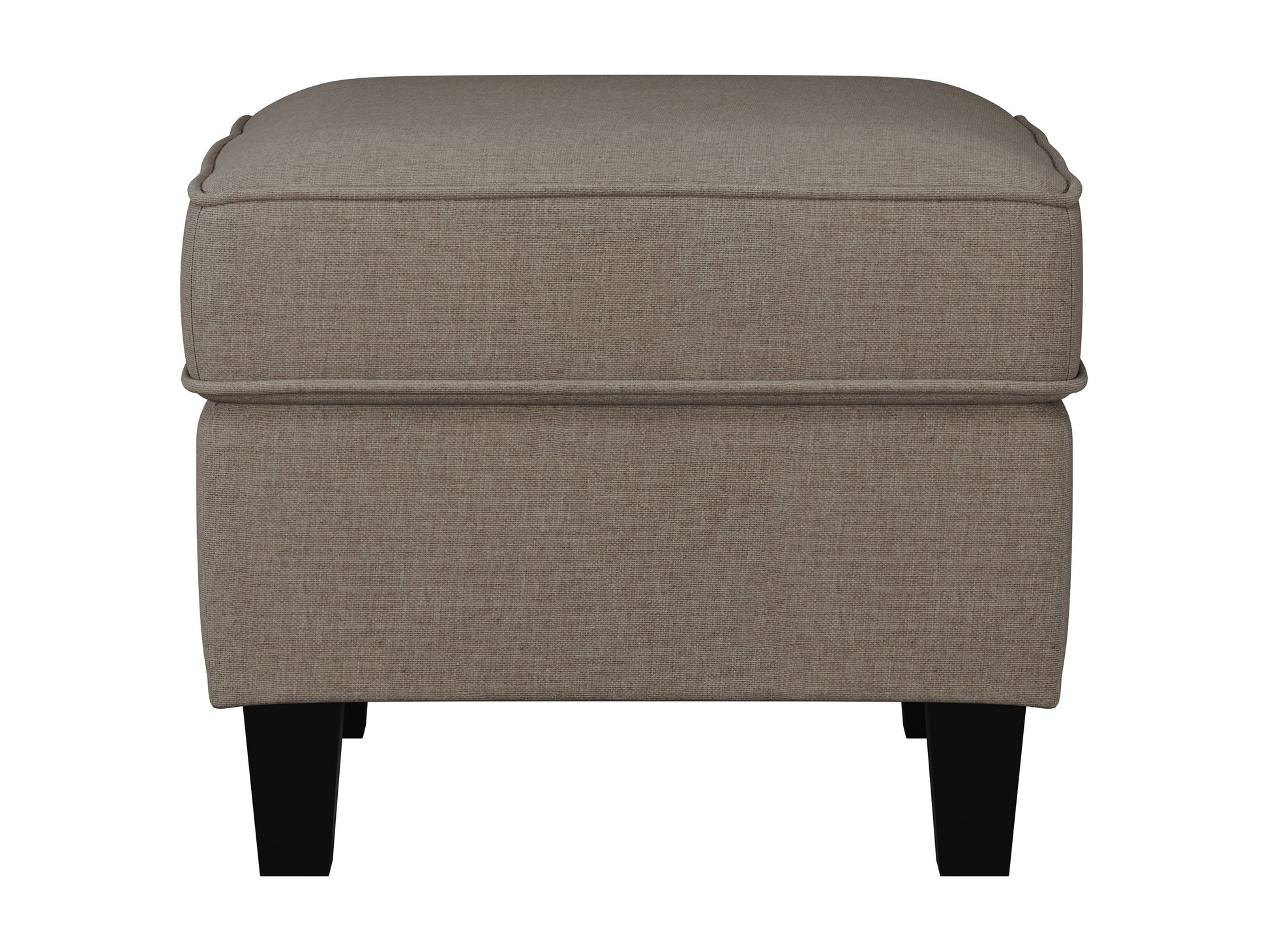 Gray fabric ottoman with tufted top, wooden legs, and storage compartment. Perfect for living rooms or bedrooms, providing both seating and storage solutions.