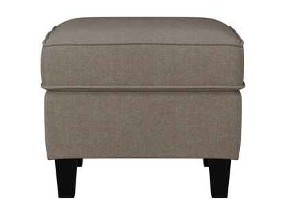 Gray fabric ottoman with tufted top, wooden legs, and storage compartment. Perfect for living rooms or bedrooms, providing both seating and storage solutions.