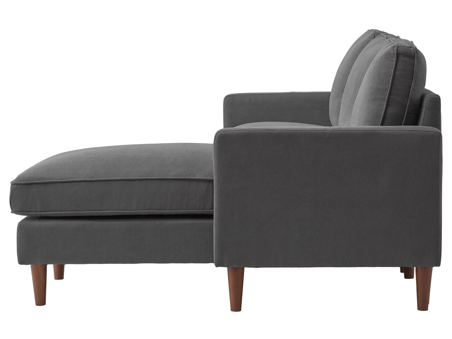 Gray reversible sectional sofa with tufted cushions, wooden legs, and L-shaped design, featuring a spacious chaise lounge on the left side for added comfort and versatility, perfect for modern living rooms.
