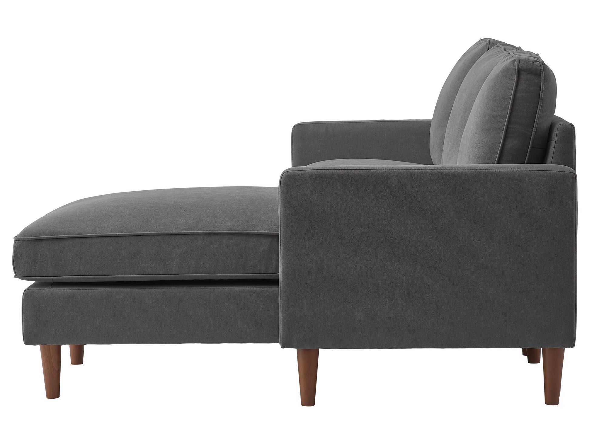 Gray reversible sectional sofa with tufted cushions, wooden legs, and L-shaped design, featuring a spacious chaise lounge on the left side for added comfort and versatility, perfect for modern living rooms.
