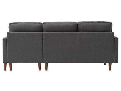 Gray reversible sectional sofa with tufted cushions, sleek wooden legs, and soft fabric upholstery. Perfect for modern living rooms, offering comfort and style with a versatile chaise that can be positioned on either side.