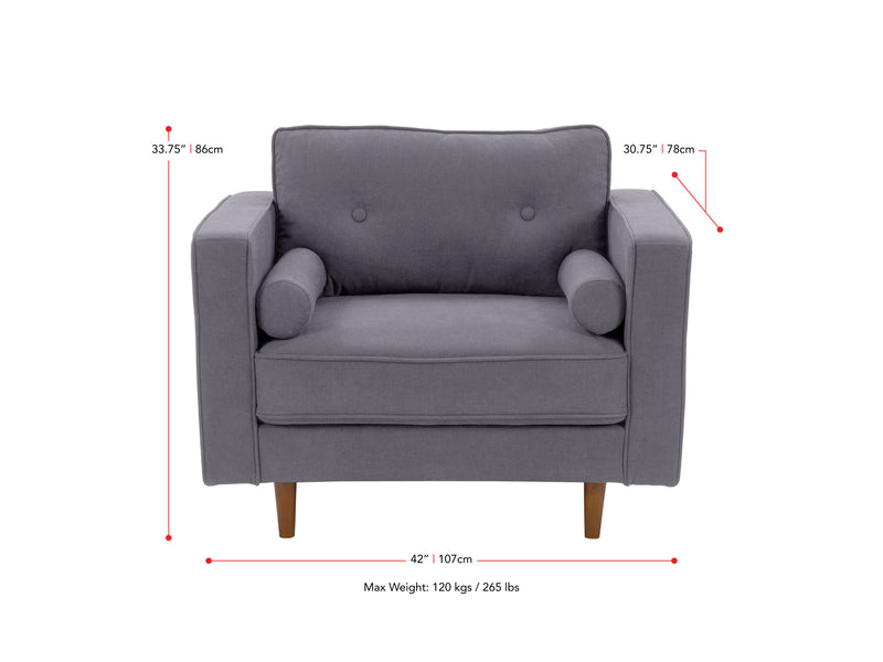 grey Mid-Century Modern Accent Chair Mulberry Collection measurements diagram by CorLiving