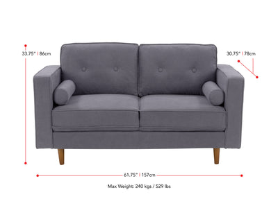 grey 2 Seater Loveseat Sofa Mulberry Collection measurements diagram by CorLiving#color_grey