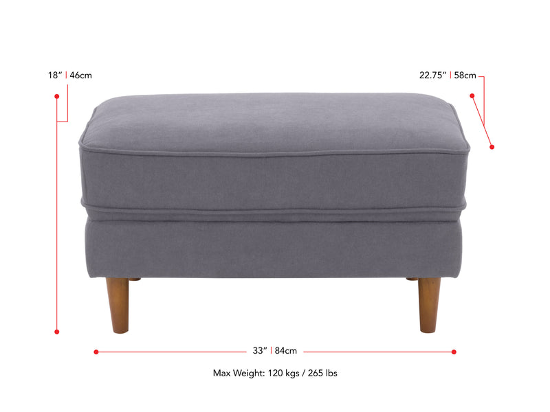 grey Mid-Century Modern Ottoman Mulberry Collection measurements diagram by CorLiving