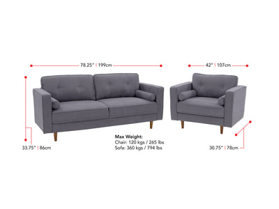 grey Sofa and Chair Set, 2 piece Mulberry Collection measurements diagram by CorLiving#color_grey