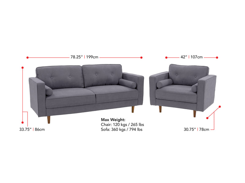 grey Sofa and Chair Set, 2 piece Mulberry Collection measurements diagram by CorLiving