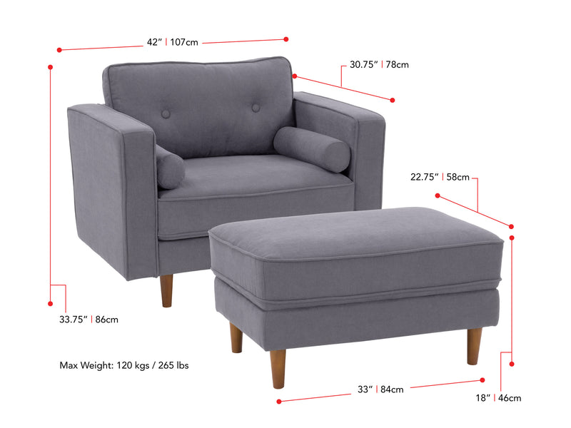 grey Accent Chair with Ottoman Mulberry Collection measurements diagram by CorLiving
