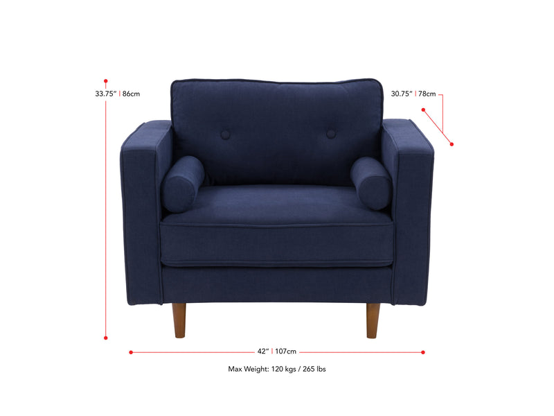 navy blue Mid-Century Modern Accent Chair Mulberry Collection measurements diagram by CorLiving