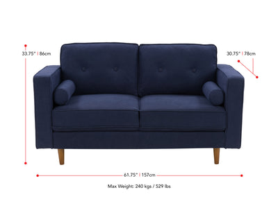 navy blue 2 Seater Loveseat Sofa Mulberry Collection measurements diagram by CorLiving#color_navy-blue