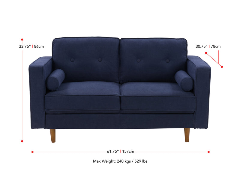 navy blue 2 Seater Loveseat Sofa Mulberry Collection measurements diagram by CorLiving