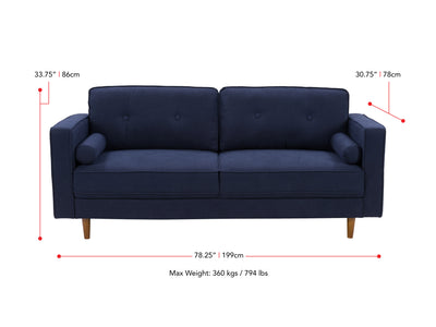 navy blue 3 Seater Sofa Mulberry Collection measurements diagram by CorLiving#color_navy-blue