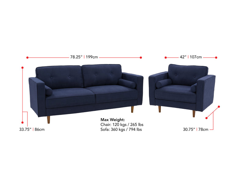 navy blue Sofa and Chair Set, 2 piece Mulberry Collection measurements diagram by CorLiving