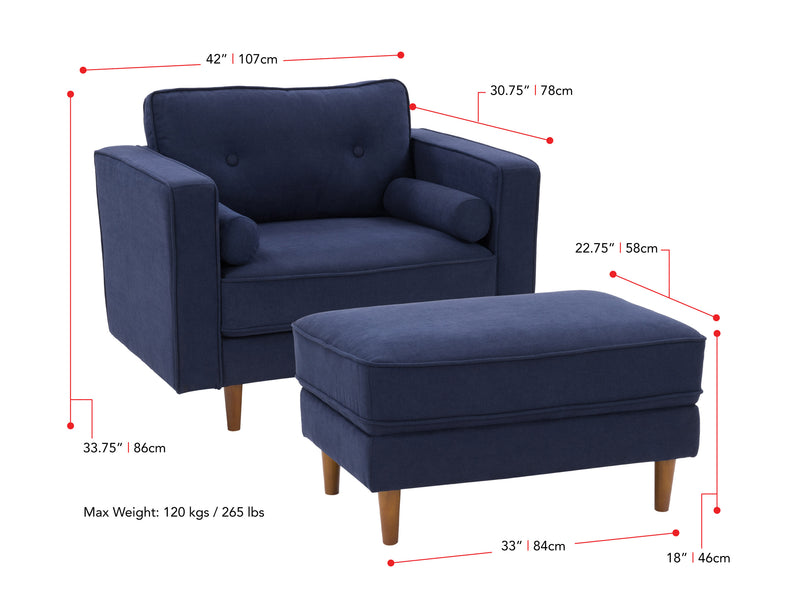 navy blue Accent Chair with Ottoman Mulberry Collection measurements diagram by CorLivingg
