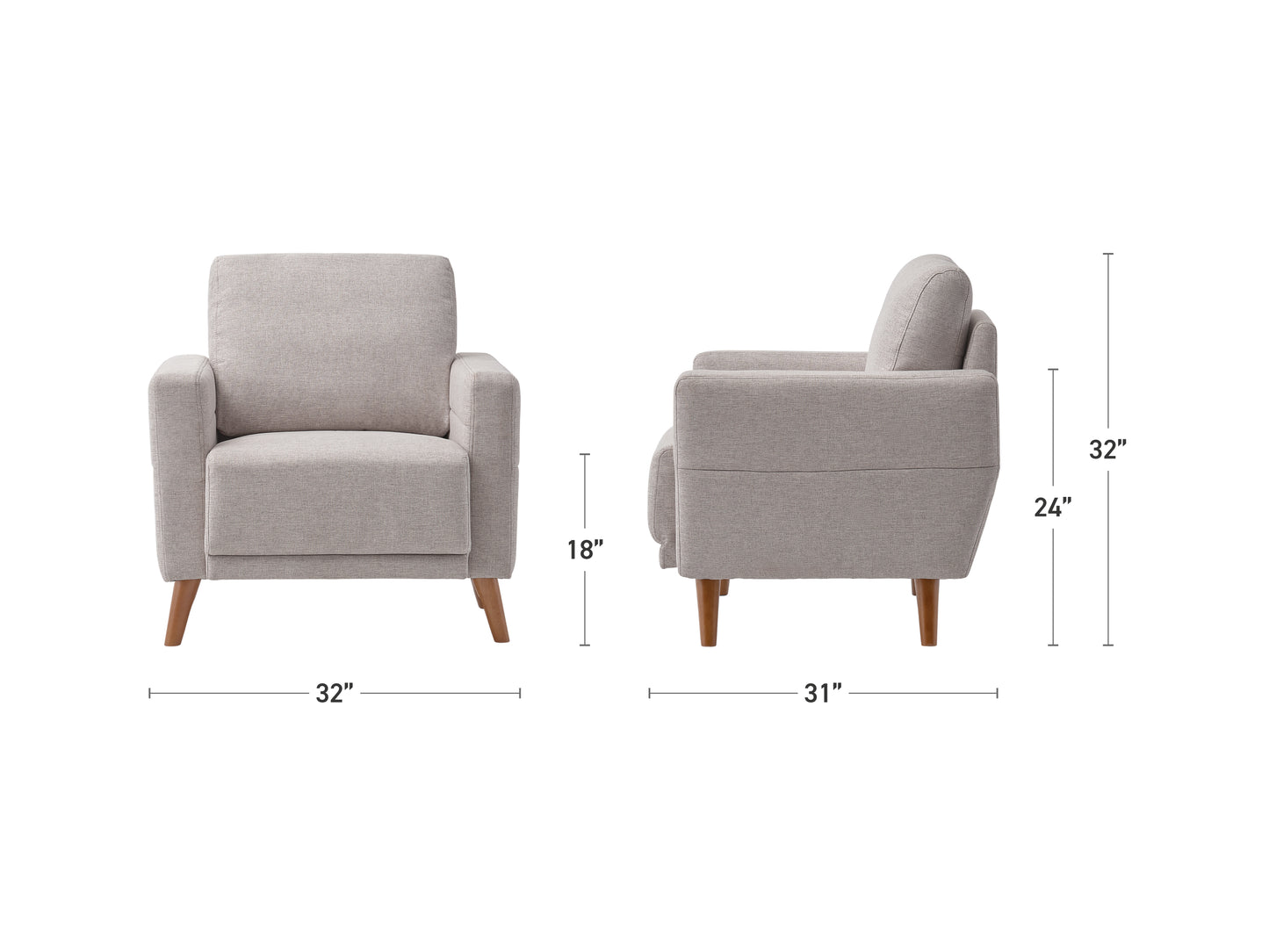 Modern armchair with sleek wooden legs, upholstered in soft gray fabric, featuring a minimalist design and comfortable armrests, perfect for contemporary living rooms or offices.