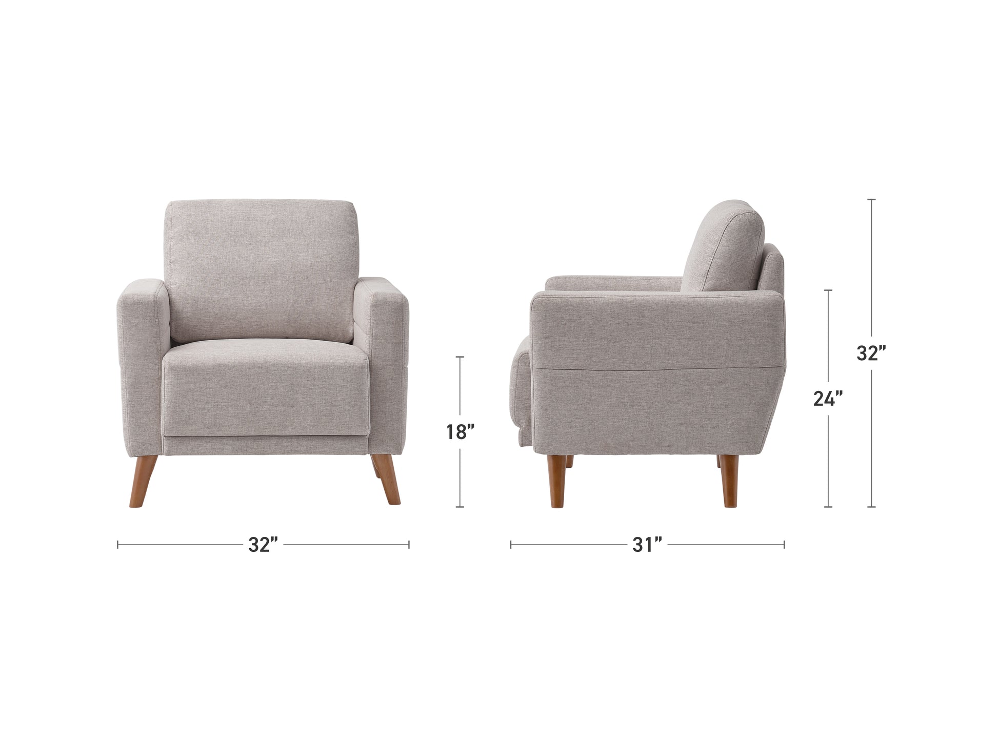 Modern armchair with sleek wooden legs, upholstered in soft gray fabric, featuring a minimalist design and comfortable armrests, perfect for contemporary living rooms or offices.