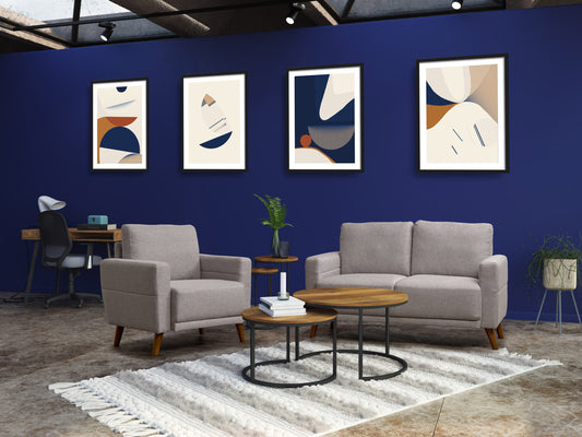 Modern gray fabric arm chair with wooden legs, featuring a sleek design and comfortable cushioned seat, perfect for contemporary living rooms or offices.