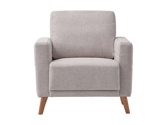 Modern gray fabric armchair with wooden legs, featuring a minimalist design, comfortable cushioned seat, and sleek armrests, perfect for contemporary living rooms or offices.