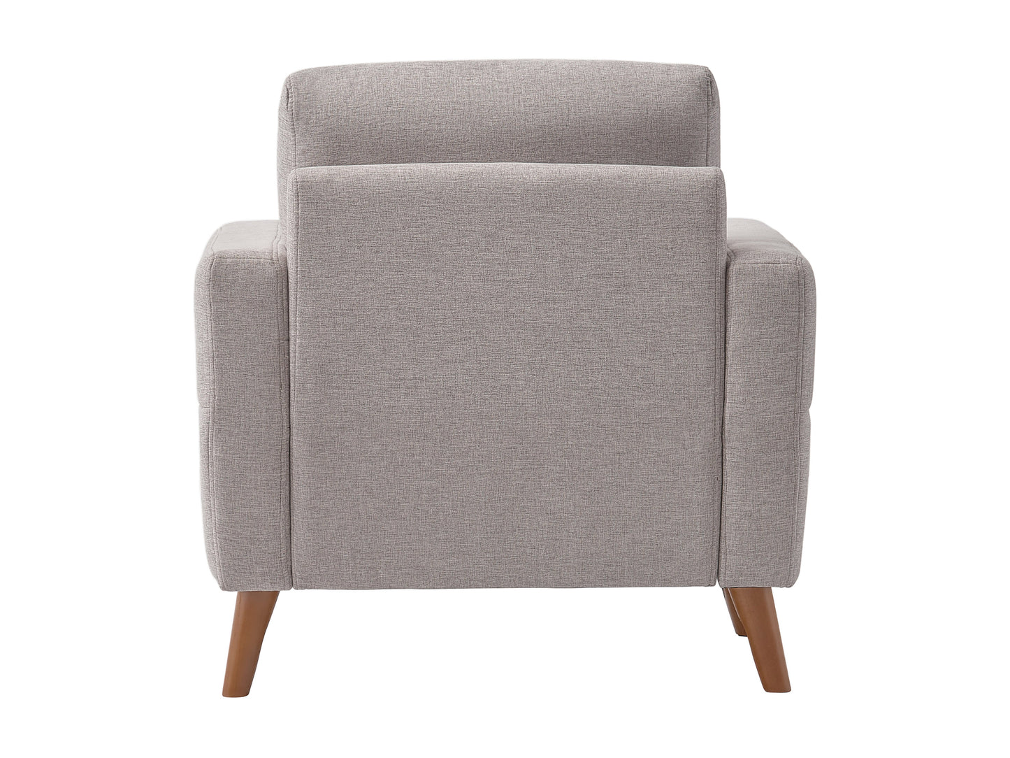 Modern arm chair with sleek wooden frame, upholstered in soft gray fabric, featuring curved armrests and cushioned seat for comfort, ideal for contemporary living rooms or offices.