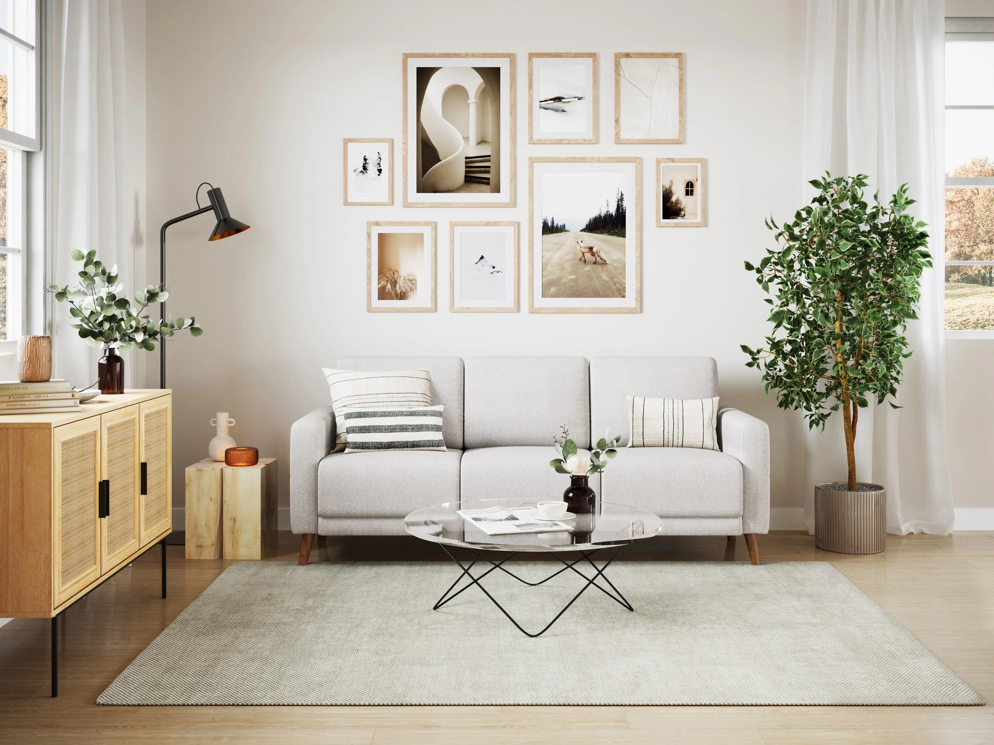 Gray 3-seat sofa with tufted backrest, wooden legs, and soft fabric upholstery, perfect for modern living rooms.