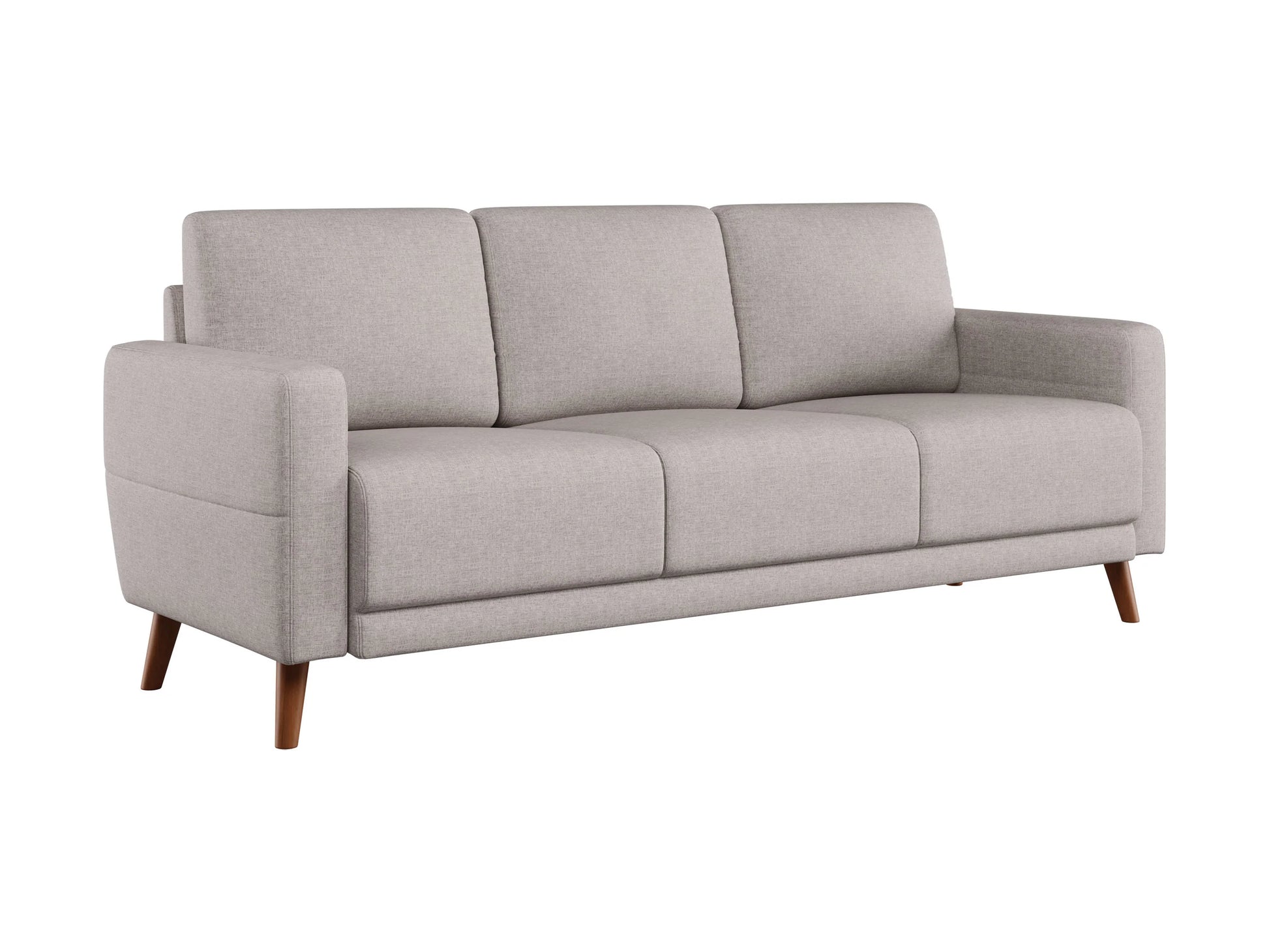 Gray three-seat sofa with sleek lines, plush cushioning, and wooden legs, perfect for modern living rooms. Upholstered in soft, durable fabric, this contemporary sofa offers comfort and style for any home.