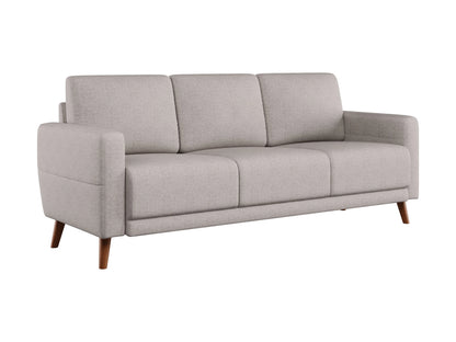 Gray three-seat sofa with sleek lines, plush cushioning, and wooden legs, perfect for modern living rooms. Upholstered in soft, durable fabric, this contemporary sofa offers comfort and style for any home.