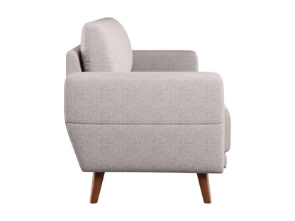 Modern 3-seat sofa in light gray fabric with slim black metal legs, featuring plush cushions and a minimalist design, perfect for contemporary living rooms.