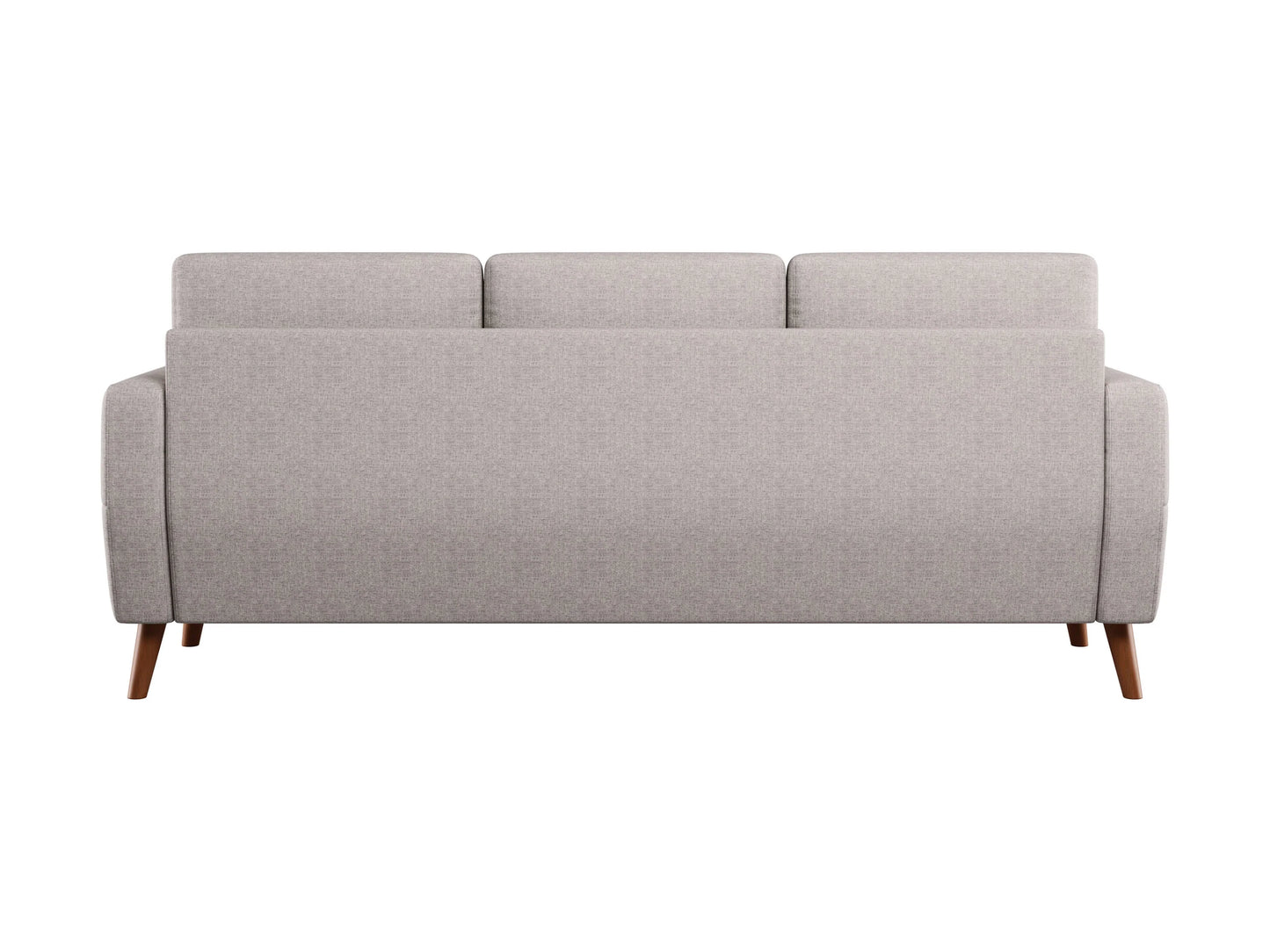 Three-seat sofa with sleek gray fabric upholstery, wooden legs, and plush cushions, perfect for modern living rooms.