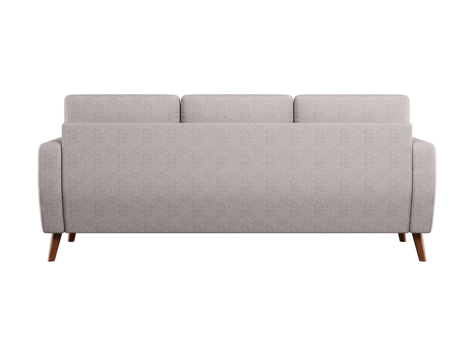 Three-seat sofa with sleek gray fabric upholstery, wooden legs, and plush cushions, perfect for modern living rooms.