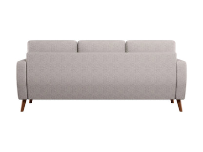Three-seat sofa with sleek gray fabric upholstery, wooden legs, and plush cushions, perfect for modern living rooms.