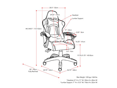 black and white Reclining Gaming Chair Ravagers Collection measurements diagram by CorLiving#color_black-and-white