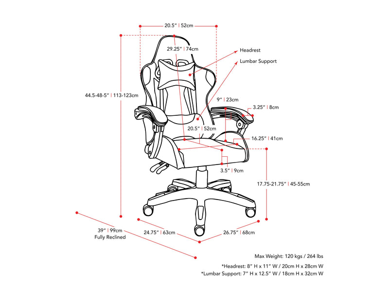 black and white Reclining Gaming Chair Ravagers Collection measurements diagram by CorLiving