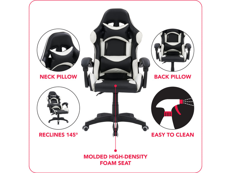 black and white Reclining Gaming Chair Ravagers Collection infographic by CorLiving