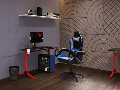 black and blue Reclining Gaming Chair Ravagers Collection lifestyle scene by CorLiving#color_black-and-blue
