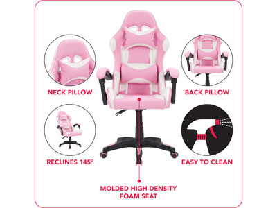 pink and white Reclining Gaming Chair Ravagers Collection infographic by CorLiving#color_pink-and-white