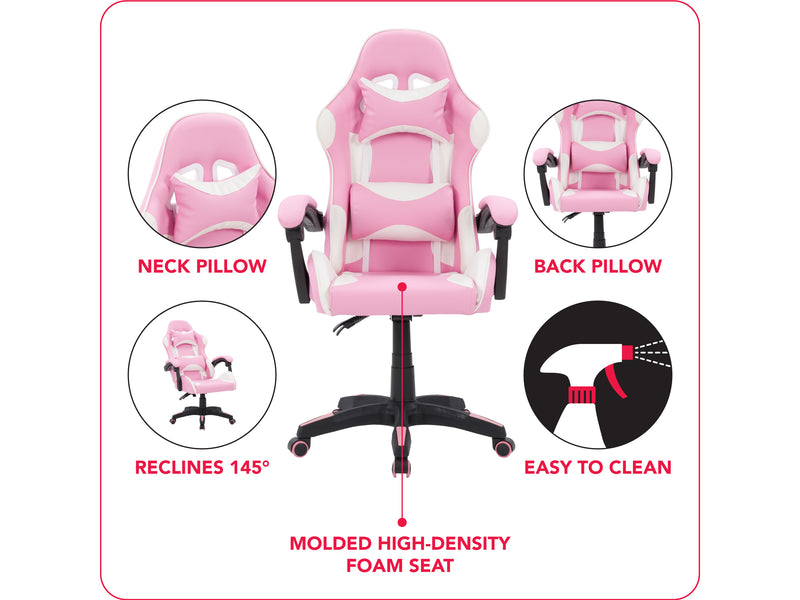 pink and white Reclining Gaming Chair Ravagers Collection infographic by CorLiving