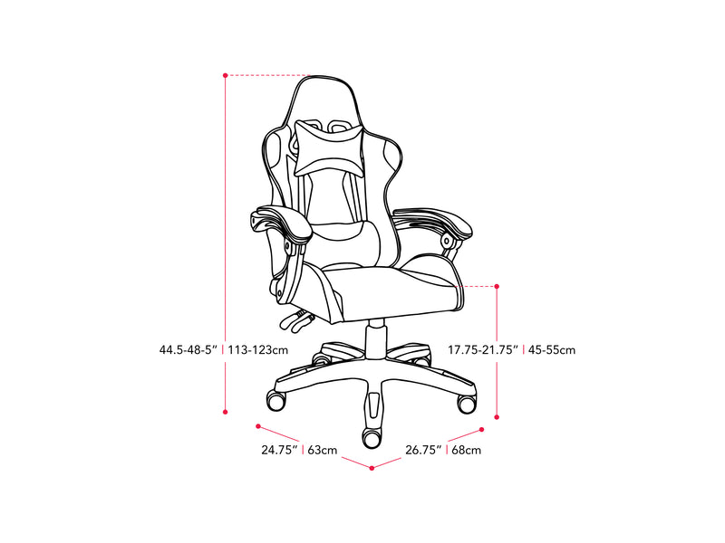 purple and white Reclining Gaming Chair Ravagers Collection measurements diagram by CorLiving