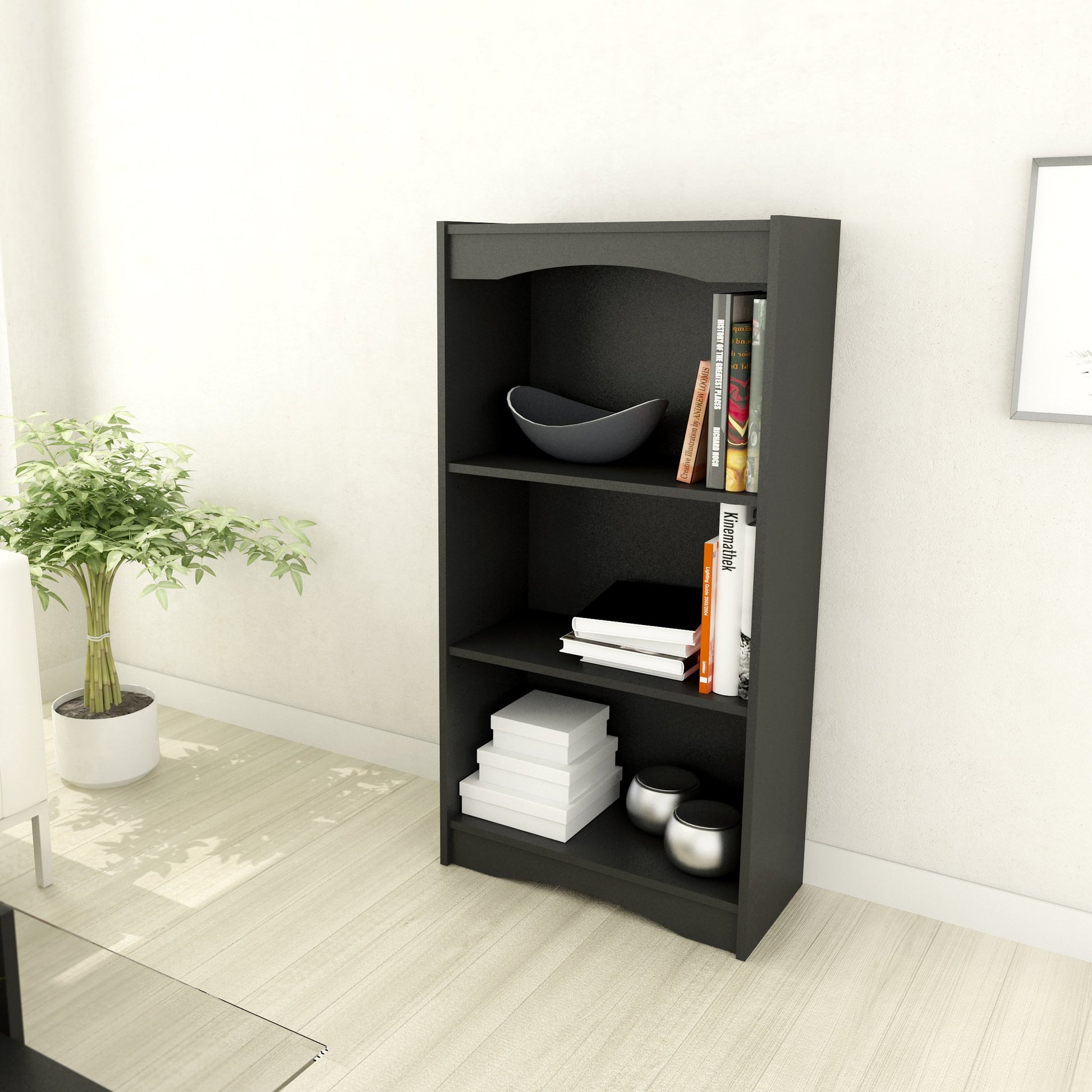 Alt Tag: Small black 48" bookcase with three shelves, sleek modern design, and sturdy construction, perfect for home or office storage.