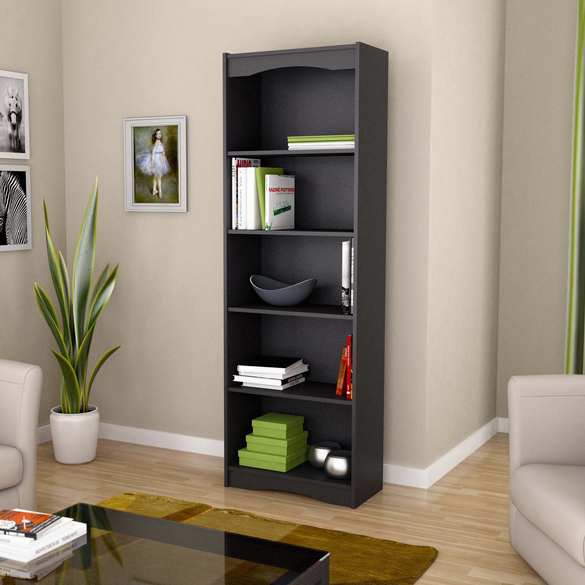 Black tall bookshelf, 72 inches, featuring multiple open shelves for storage and display, sleek modern design with sturdy construction, perfect for organizing books, decor, and essentials in living rooms or offices.