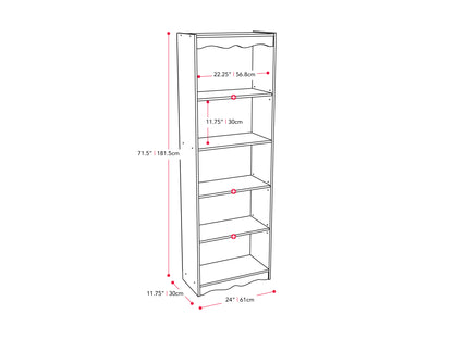 Tall white bookcase with five open shelves, 72 inches high, modern design, sturdy wooden construction, smooth finish, ideal for living room or office, perfect for organizing books and decor.