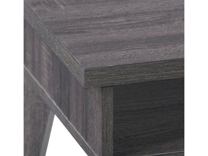 Mid-century modern side table with walnut finish, featuring a single drawer with a sleek brass handle, open shelf below, and tapered legs. Ideal for living rooms or bedrooms, adding a touch of vintage elegance.