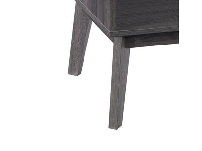 Mid-century modern side table with walnut finish, featuring a single drawer with brass knob, tapered legs, and sleek minimalist design perfect for living rooms or bedrooms.