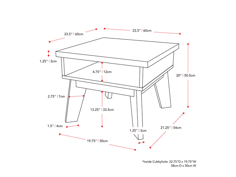 dark grey Mid Century End Table Hollywood Collection measurements diagram by CorLiving