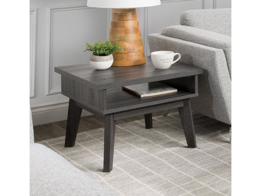 Mid-century modern side table with walnut finish, featuring a single drawer with a brass knob, tapered legs, and a smooth, rectangular tabletop. Ideal for living rooms or bedrooms.