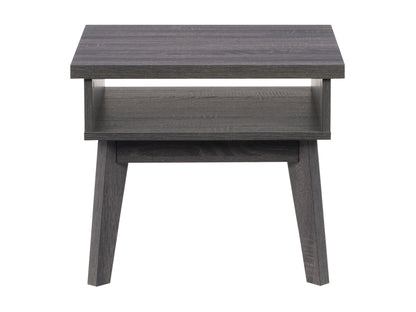 Mid-century modern wooden side table with two-tone finish, featuring a walnut top, white drawer, and sleek tapered legs. Ideal for living room or bedroom decor.