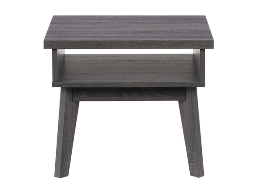 Mid-century modern wooden side table with two-tone finish, featuring a walnut top, white drawer, and sleek tapered legs. Ideal for living room or bedroom decor.