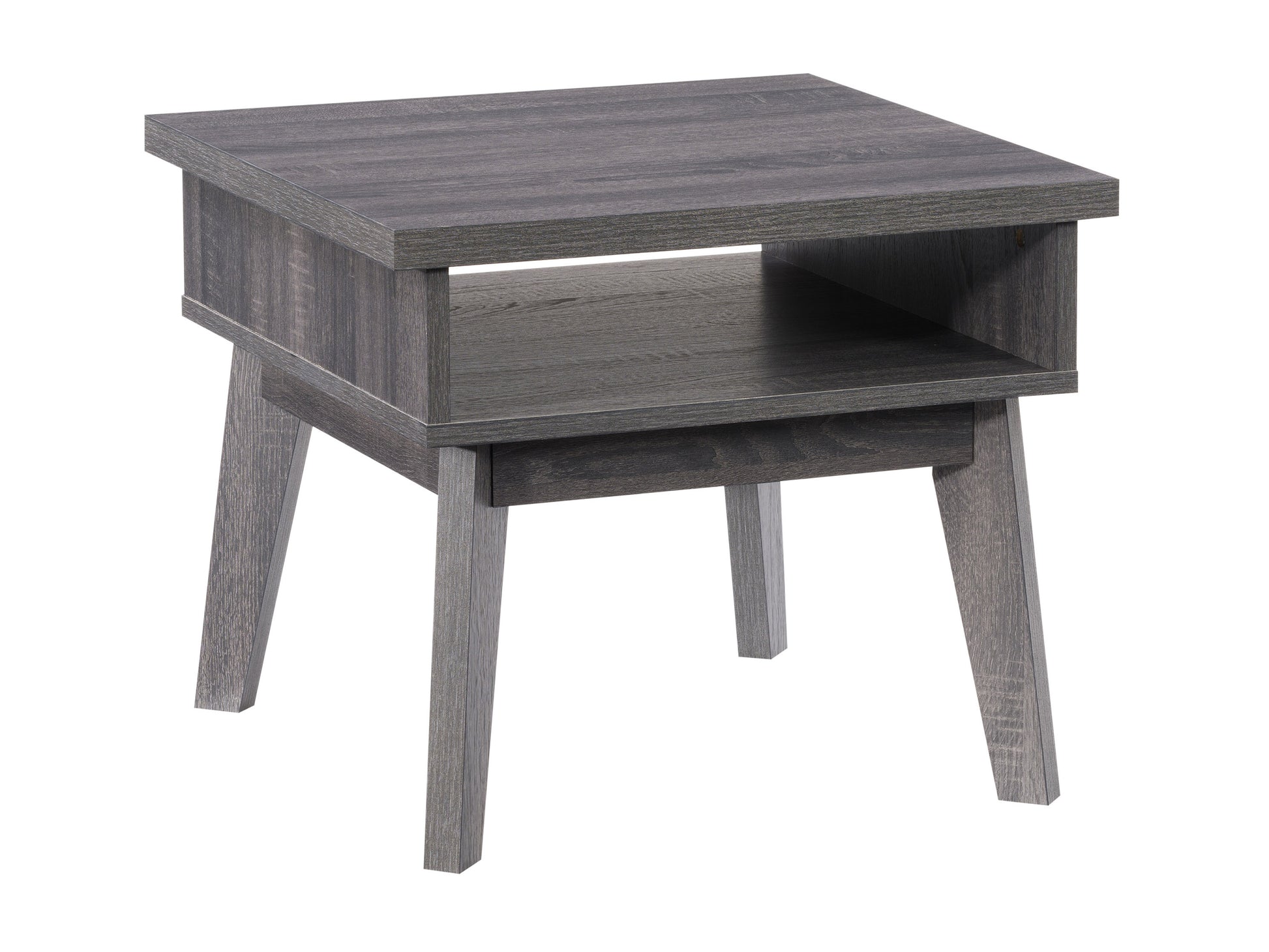 Mid-century modern side table with walnut finish, featuring a single drawer with a sleek handle, tapered legs, and a smooth, minimalist design. Ideal for living rooms or bedrooms.