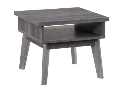 Mid-century modern side table with walnut finish, featuring a single drawer with a sleek handle, tapered legs, and a smooth, minimalist design. Ideal for living rooms or bedrooms.