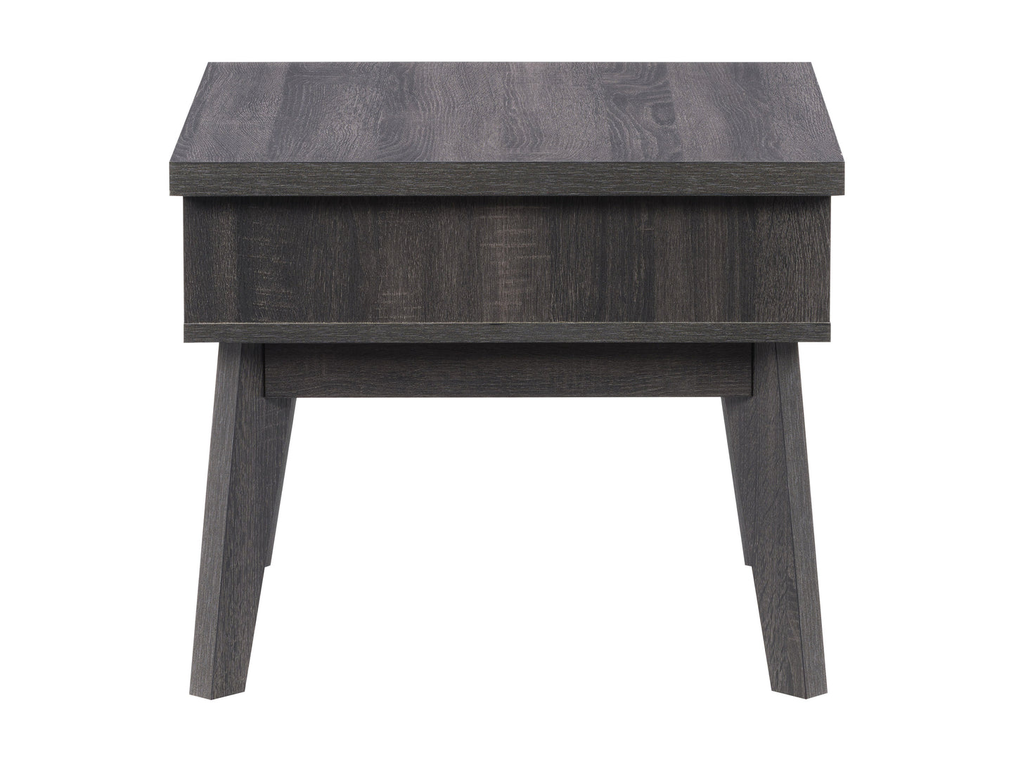 Mid-century modern side table with walnut finish, featuring a sleek rectangular design, tapered legs, and a single open shelf for storage.