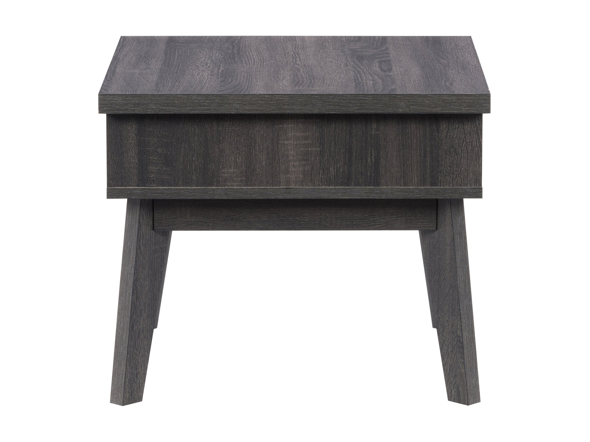 Mid-century modern side table with walnut finish, featuring a sleek rectangular design, tapered legs, and a single open shelf for storage.